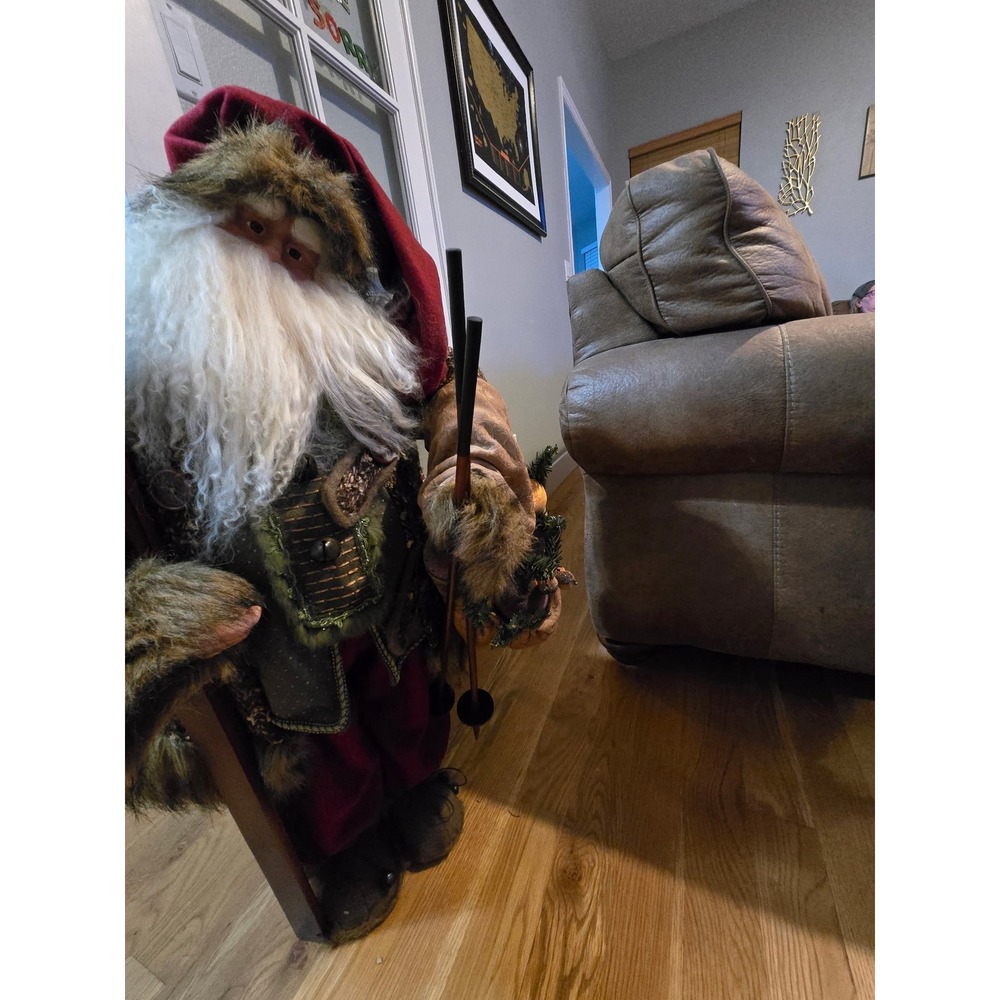 Rustic Woodland Santa Claus Figurine with Wooden Skis and Faux Fur Trim 3ft tall